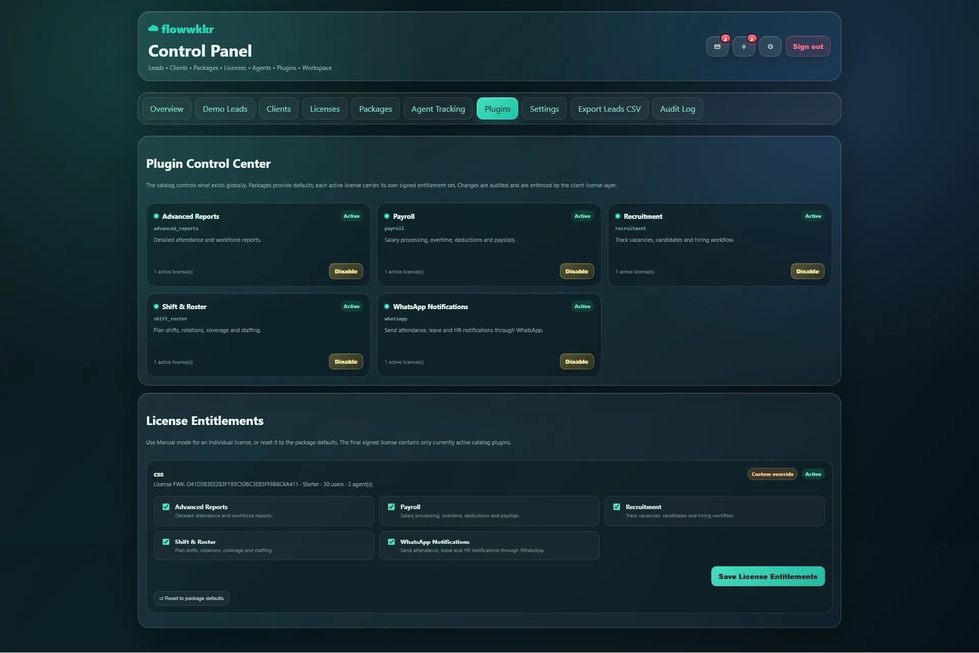 Flowwkkr control panel plugin and entitlement management